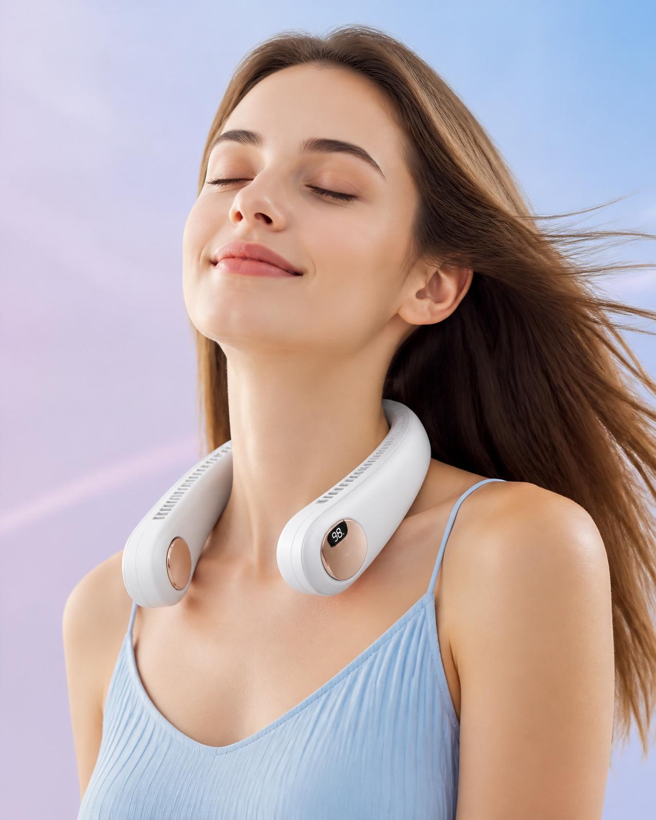 Woman wearing BreezeLoop Pro neck fan, hair gently moving in the breeze